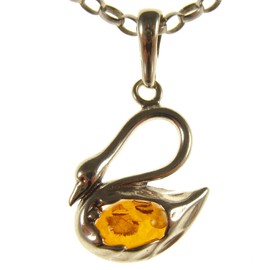 Baltic amber and sterling silver 925 cognac swan bird animal pendant necklace with 1mm Italian sterling silver 925 snake chain