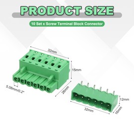 sourcing map 10 Set 6-Pin 5.08mm/0.2" Pitch PCB Mount Screw Terminal Block Connectors No Soldering 2EDGKD Male & Female Connectors Plug for 28-10AWG, Green