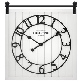 Presentime & Co Farmhouse Barn Door Clock, Shiplap Style, Cream White Color, Silent No Ticking, 3D Arabic Numeral, 23" H x 21" W. Home Decoration/Wall Decoration/Farmhouse Décor.