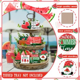 Guoofu Summer Tiered Tray Decor, Farmhouse Watermelon Tray Decorations, Hello Summer Sweet Watermelon Gnome Wooden Signs, Rustic Summer Home Decor for Table Mantel Office Holiday Party