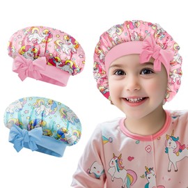 Arqumi Kids Sleeping Bonnets- 2 Pcs Cute Unicorn Baby Bonnet for Sleeping Silk Satin, Head Wrap Sleep Night Cap for Girl Toddler Curly Hair with Elastic Tie, Adjustable,Soft(Blue+Pink)