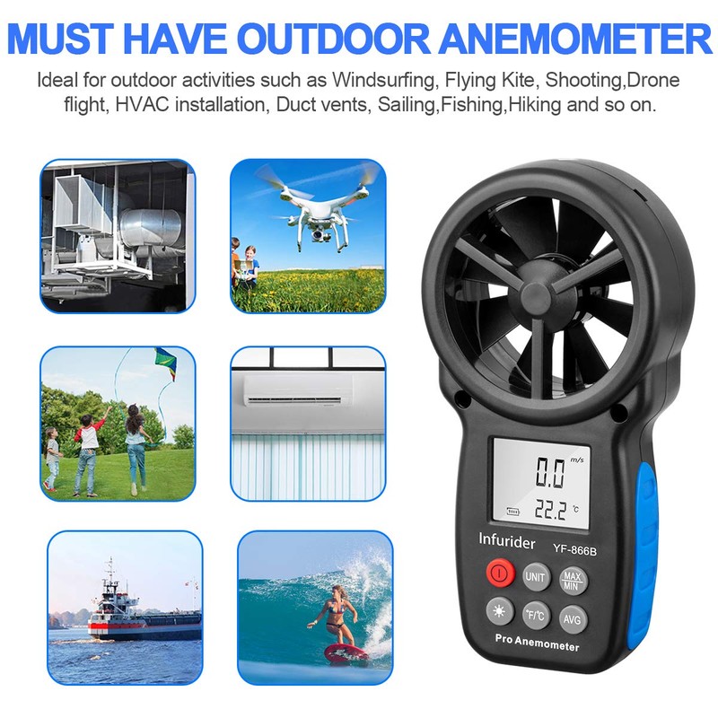 INFURIDER Digital Anemometer YF-866B, Wind Gauge, LCD Wind Speed Meter