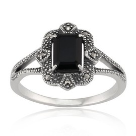 Gemondo Sterling Silver Art Deco 1.20ct Black Spinel & Marcasite Ring