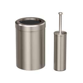 Gatco Small Bathroom Trash Can with Lid and Toilet Brush Set, Round 3 Gallon Stainless Steel Wastebasket, Under Sink, Satin Nickel, for Bathroom, Bedroom, Office (2976)