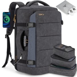 Tzowla 40L Canvas Travel Laptop Backpack for Men Women Carry on Flight Approved,Large Capacity Anti Theft Backpacks with USB Port,Vintage Business Rucksack Bag Fit 17.3 Inch Laptop(Black & Navy Blue)