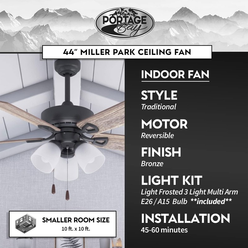 Portage Bay 51442 Miller Park Ceiling Fan, 44, Bronze