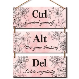 3 Pieces Pink Wall Decor for Girl Room Wall Decor Floral Wooden Wall Hanging Wall Art Inspirational Office Wall Decor with Positive Quotes Ctrl Alt Del Wall Sign for Girl Women Bedroom Bathroom(Pink)