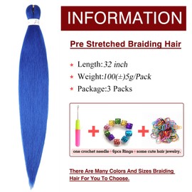 Blue Braiding Hair Pre Stretched 32inch 3 Packs Braiding hair Extensions Synthetic Crochet Braids, Hot Water Setting Professional Soft Yaki Texture. (32inch(3Packs),Blue#)