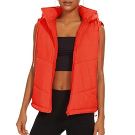Micoson Ladies Hooded Puffer Vest Sleeveless Warm Outerwear Cute Padded Gilet Teen Zip Up Casual Outfits with Pocket Orange XS