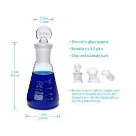 Huaou 50ml Scientific Erlenmeyer (Conical) Flask Set with Ground Glass Stopper, Graduated 3.3 Borosilicate Glass, Pack of 3