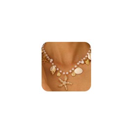 Charming Beachy Sea shell star Starfish Necklace for Women, Dainty Boho Beaded Pearl Seashell Conch Choker Necklaces Cute Beach Holiday Jewelry Accessories (Gold)