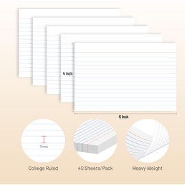 200 Pcs Index Cards 4 x 6 Inch Ruled White Index Cards, College Ruled Flash Cards for School, College, Office and Home Organization, Durable Study To Do List Note Cards with Ruled Lines, 5 Pack of 40