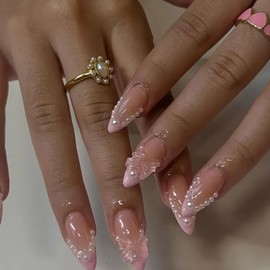 24Pcs French Tip Press on Nails Long Almond with Aurora Bow Nails Design Pink French Nails Press ons Cute False Nail Tips Stick on Nails Artificial Fingernails for Women Girls Daily Wear