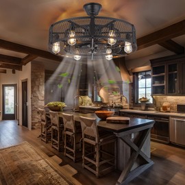 Depuley Black Ceiling Fans with Light: Flush Mount Caged Ceiling Fans Dining Room Light Fixture with Remote - 26 in Farmhouse Fandelier Modern Industrial Low Profile Ceiling Fan for Kitchen Bedroom