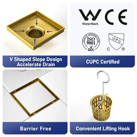 Square Shower Drain 6", Brushed Gold Floor Drain with Tiled Insert Grate & Hair Strainer, 304 Stainless Steel Bathroom 2-in-1 Tiled in Drain, CUPC Certified (Brushed Gold, 6'')