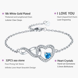 Exqele Infinity Heart Birthstone Charm Bracelet for Women Crystal Moissanite Adjustable Mother's Day Gift Anniversary Birthday Jewelry for Wife Girlfriend Her (01-Jan - Loyalty & Perseverance)