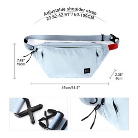 Riñoneras unisex para mujeres y hombres, con conector para auriculares y correa ajustable con cremallera, riñonera negra para exteriores y gimnasio (riñonera), Azul claro (con 5 bolsillos con cremallera), Large