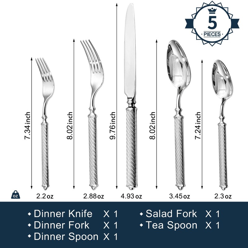 KINGSTONE Retro Rope-Pattern Silverware Set, 5-Piece Flatware Set Cutlery Set