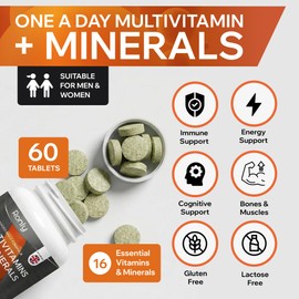Ronly Multivitamins & Minerals Tablets — One A Day Advanced Daily Formula | 16 Essential Vitamins & Minerals | Immune & Energy Support | Vegan, Gluten Free & Lactose Free | No GMO
