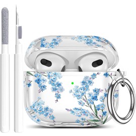 Wonjury Clear Case Compatible with Airpods 3 Case Cover, Wonjury Protective Floral Case Cover with Keychain Compatible with Airpods 3 Generation (2021 Released), Front LED Visible,Blue Flower