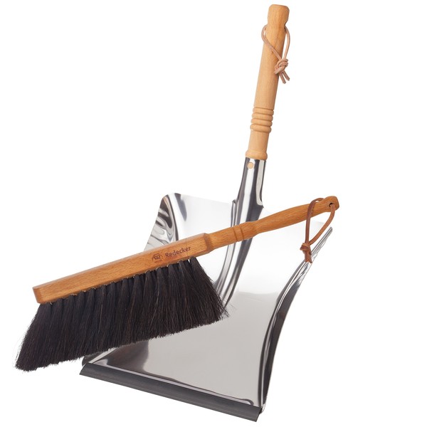 REDECKER Horsehair Fiber Hand Brush and Dust Pan Set, Heavy Duty Broom and Dustpan Combo for Home and Outdoor, Oiled Beechwood Handles, Large Capacity Stainless Steel Dust Pan, Made in Germany