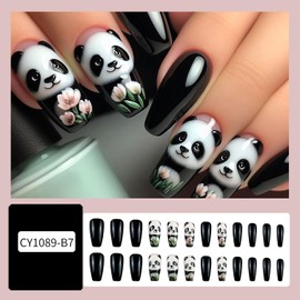 EYZOTSF Press on Nails Medium Square Shaped Acrylic Medium Length Square False Nails with Designs Artificial Short Coffin Fake Nail with Charms Glue Stick ons Fingernails for Women Girls(CY1089)