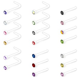 Crdifu Pack of 20 Nose Piercing Studs Retainer Nose Studs Spiral L Shape Bioflex Plastic Piercing Nose with Stone, Plastic