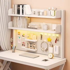 RAUMPA Clamp on Desk Organizer Shelf, Desk Extender Pegboard Workstation White Desk Side Storage Bookshelf Shelves for Office 37.4x31.5 in(HxL)