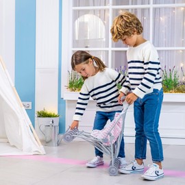 JC Toys Boutique | Twin Folding Umbrella Doll Stroller for Children 2 Years Plus, Pink Stripes and Soft Embroidery | Sturdy Metal Frame | Pretend Play with Dolls up to 18” Long | Seat Belts