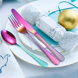 A · HOUSEWARE Hammered Silverware Set Rainbow Stainless Steel Flatware 40 pieces Dinning Utensils Service for 8 include Knife Fork Spoon Durable Easy to Clean