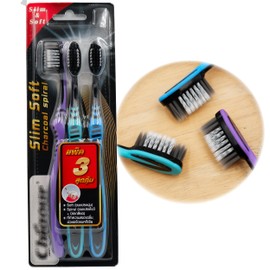 YARIN Slim Soft Charcoal Spiral Toothbrush, Deep Plaque Removal, Rounded Bristles Gentle on Teeth, Tongue and Cheek Cleaner, Pack of 3