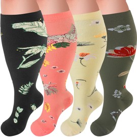 Tinojye 4 Pairs Plus Size Compression Socks,Extra Wide Calf 20-30 mmHg Knee High Compression Socks for Men Women Circulation