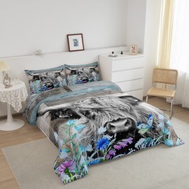 Homewish Highland Cow Comforter Set Queen Size,Colorful Flowers Quilt Set 3pcs for Kids Teens Adults Room Decor,Rustic Farmhouse Barn Wooden Bedding Set Nature Animals Plants Duvet Insert,Blue Grey