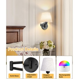 Battery Operated Wall Sconces Set of Two, Wireless Swing Arm Wall Lights with 400 Lumen RGB Rechargeable Bulb and Remote Control, Sconces Wall Decor for Bedroom Living Room