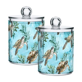 ALAZA - Paquete de 2 soportes Qtip para tortugas marinas con patrón de aguamarina, dispensador de hisopo de algodón con tapa, recipientes de baño, organizador de botes