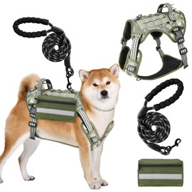 GQIRIL Tactical Medium Dog Harness - Adjustable Dog Vest with Handle and Leash Set with Side Bag, No Pull Escape Proof Military Service Pet Harness for Working Training Outdoor Hiking (Camouflage, M)