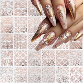 30 Sheets Lace Flower Nail Art Sticker 3D Self-Adhesive Hollow Rose Golden Lace Floral Vine Decals Irregular Geometric Manicure Sliders for Spring Summer Women Acrylic Nail Decorations