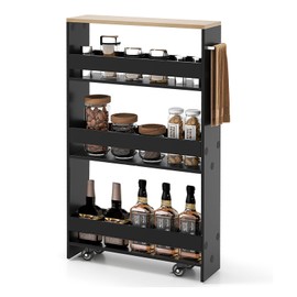 CHEFJOY 4-Tier Slim Rolling Storage Cart, Wooden Kitchen Utility Cart with Wheels & Handle, Space Saving Trolley, Slide Out Shelving Unit for Narrow Spaces, Laundry, Bathroom (Black + Natural)