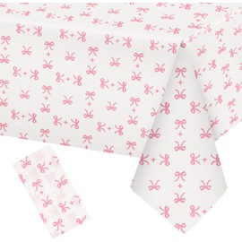 BENOSPACE 1 Pcs Pink Bow Tablecloth Disposable Plastic Table Cloths Party Decorations Large Size Rectangle Table Cover Bow Theme Party Supplies for Women Girls Birthday Bridal Baby Shower Decor