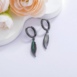 Midir&Etain Black Feather Dangle Drop Earrings for Men Women 925 Sterling Silver Malachite Hoop Earrings Punk Jewellery Birthday Mothers Day Gifts for Mom