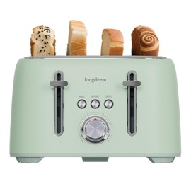 LONGDEEM 4-Slice Toaster 1.5" Extra Wide Slot Stainless Steel with High Lift Lever, 6 Presets & Bagel/Defrost/Cancel Function, Removal Crumb Tray, Under Base Cord Storage, Green