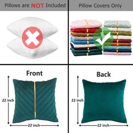 Tosleo Peacock Blue Velvet Throw Pillow Covers 22x22 inch Pack of 2 with Gold Leather Decorative Couch Pillowcases Luxury Modern Pillow Cover for Living Room Bedroom Sofa Cushion Bed 55x55cm
