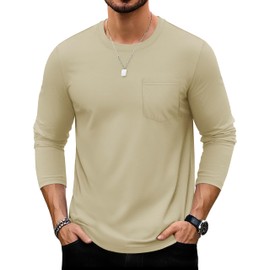 TACVASEN Men's Long Sleeve Cotton Shirts Crew Neck Pocket Tshirts Casual Lightweight Moisture Wicking Summer Khaki S