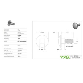 YXQ 8Pcs M6x16mm Carriage Bolts Square Neck Metric DIN603 Fully Thread 304 Stainless Steel