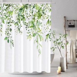 Tititex Greenery Eucalyptus Shower Curtain Sets, Bright Green Watercolor Leaves on The Top Plant with Floral Bathroom Decoration 72x72 Inch with Hooks