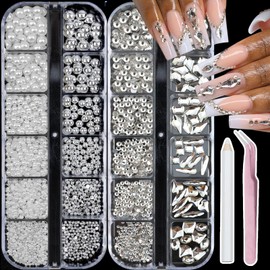 SEMATA White Nail Art Pearls Charms Silver Clear Nail Gems Flatback Nails Rhinestones Pearls Half Round Silver Nails Beads Art Accessories Decoration Design for Women