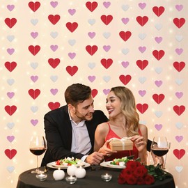 8 Packs Red Pink Silver Glitter Heart Garland String Valentines Decorations - NO DIY - Valentines Day Paper Heart Garland Banner for Home Manlte Anniversary Wedding Birthday Valentines Heart Decor