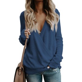 softome Backless Crewneck Sweaters for Women Long Sleeve Soft Knit Pullover Casual Loose Jumper Tops Grey Blue 3X-Large