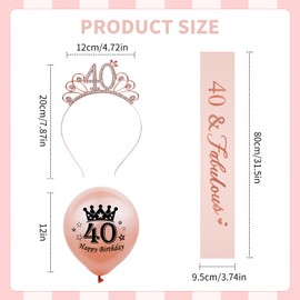 DOINEUFL 40th Birthday Sash and Tiara ＆ Balloons Rose Gold, 40 & Fabulous Sash Rhinestone Crown, 40th Birthday Decoration for Women