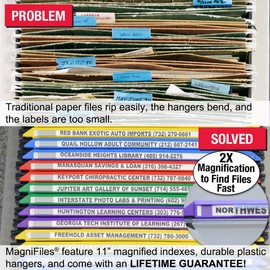 Ultimate Office MagniFile Hanging File Folders V- Bottom Letter Size with 11 inch Magnified Indexes That Double The Size of Your File Titles to Find Files Fast. (Set of 10 Frost)